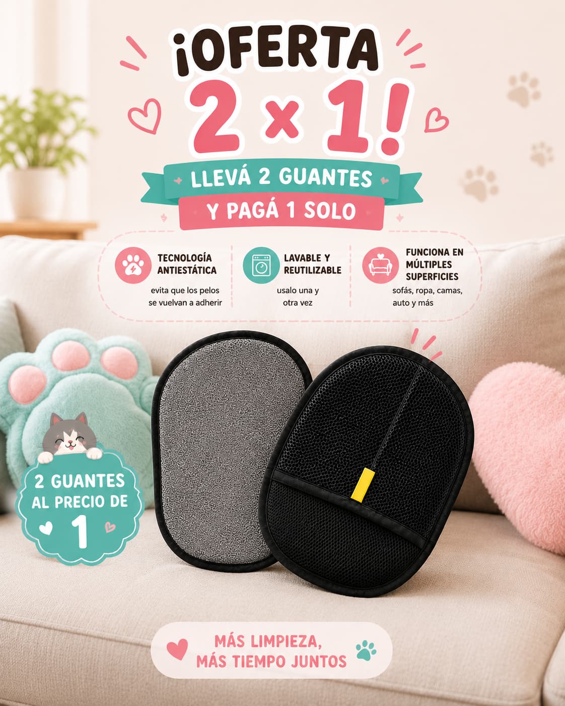 2X1 Guante Electroestático Quita Pelos Y Pelusas 🐶🐱